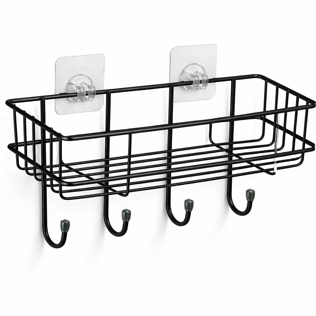 Cookzesa WallMounted Wire Basket Shelf With 4 Hooks, Black, Adhesive, NoDrill Storage Organiser