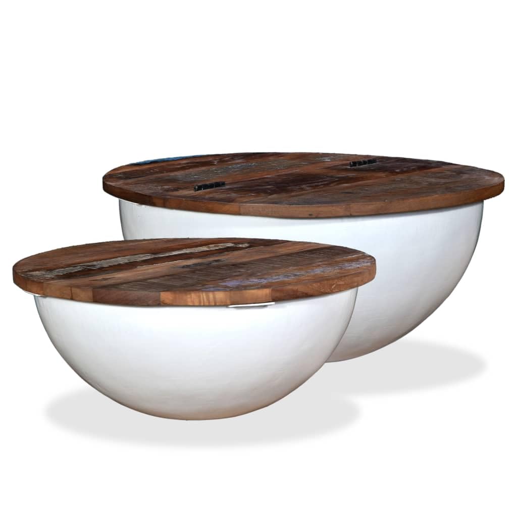 vidaXL Coffee Table Set of 2, Solid Reclaimed Wood with Bowl-Shaped Base, Industrial Design, Concealed Storage, White
