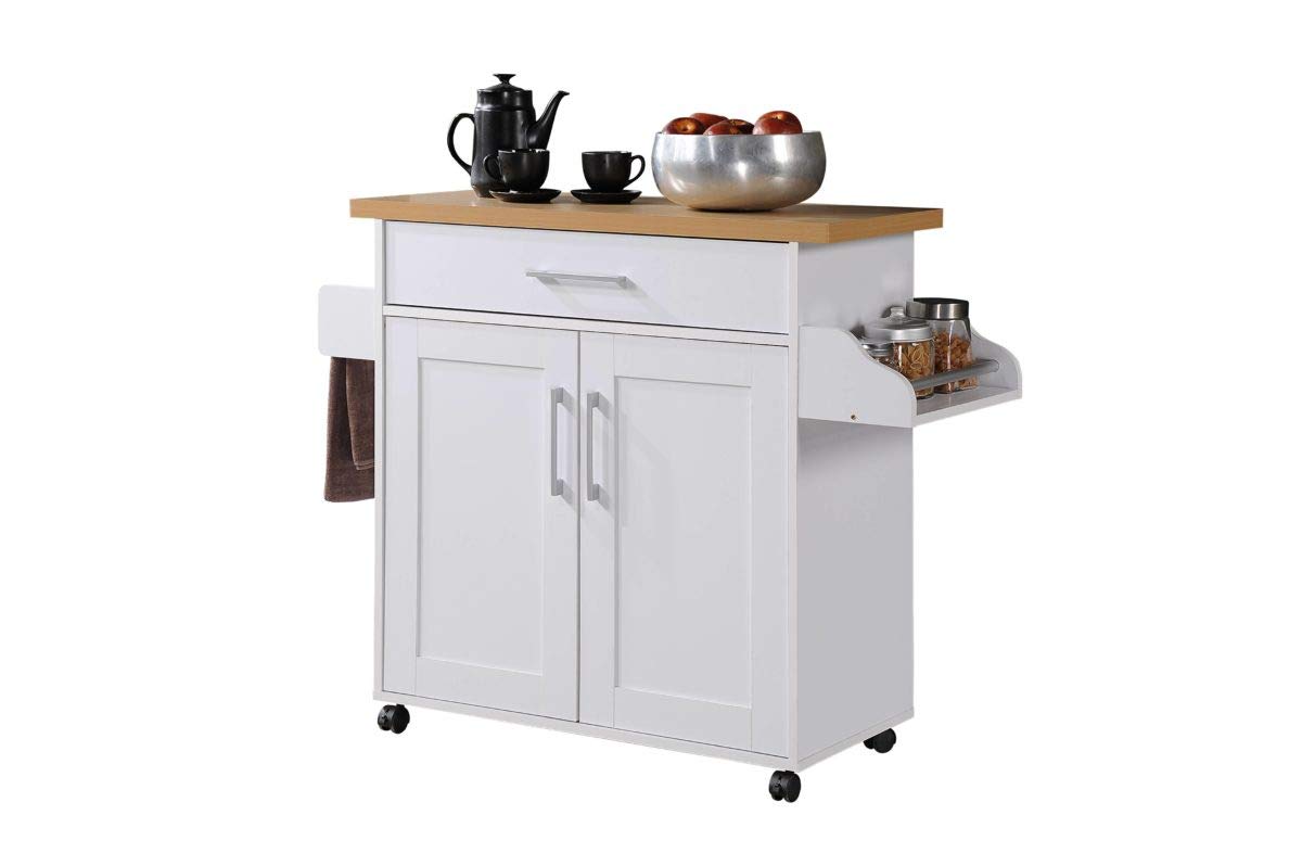 Hodedah Kitchen Island With Spice Rack, Towel Rack & Drawer, White With Beech Top, 15.5 X 35.5-44.9 X 35.2 Inches
