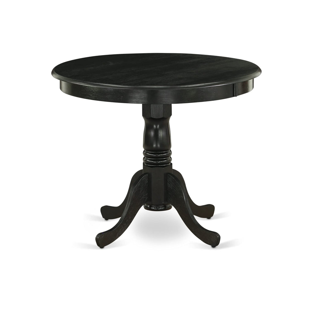 East West Furniture Anga5-Abk-24 5 Piece Dining Table Set For 4 Includes A Round Kitchen Table With Pedestal And 4 Black Linen Fabric Parsons Dining Chairs, 36X36 Inch, Wirebrushed Black
