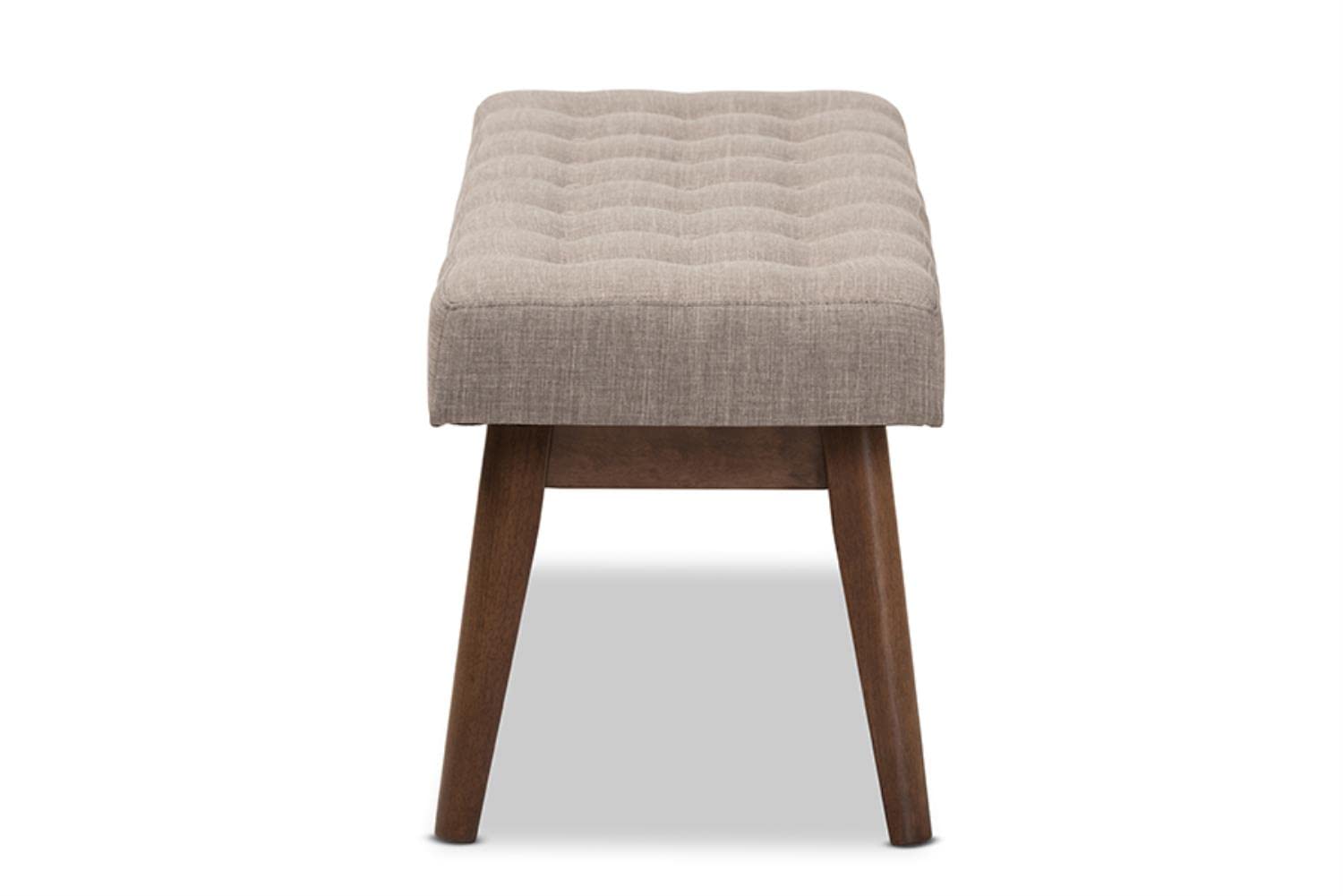 Baxton Studio Elia Mid-Century Modern Walnut Wood Light Grey Fabric Button-Tufted Bench, 17.72 in High, 42.99 in Wide, 15.98 in Deep