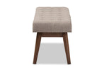 Baxton Studio Elia Mid-Century Modern Walnut Wood Light Grey Fabric Button-Tufted Bench, 17.72 in High, 42.99 in Wide, 15.98 in Deep