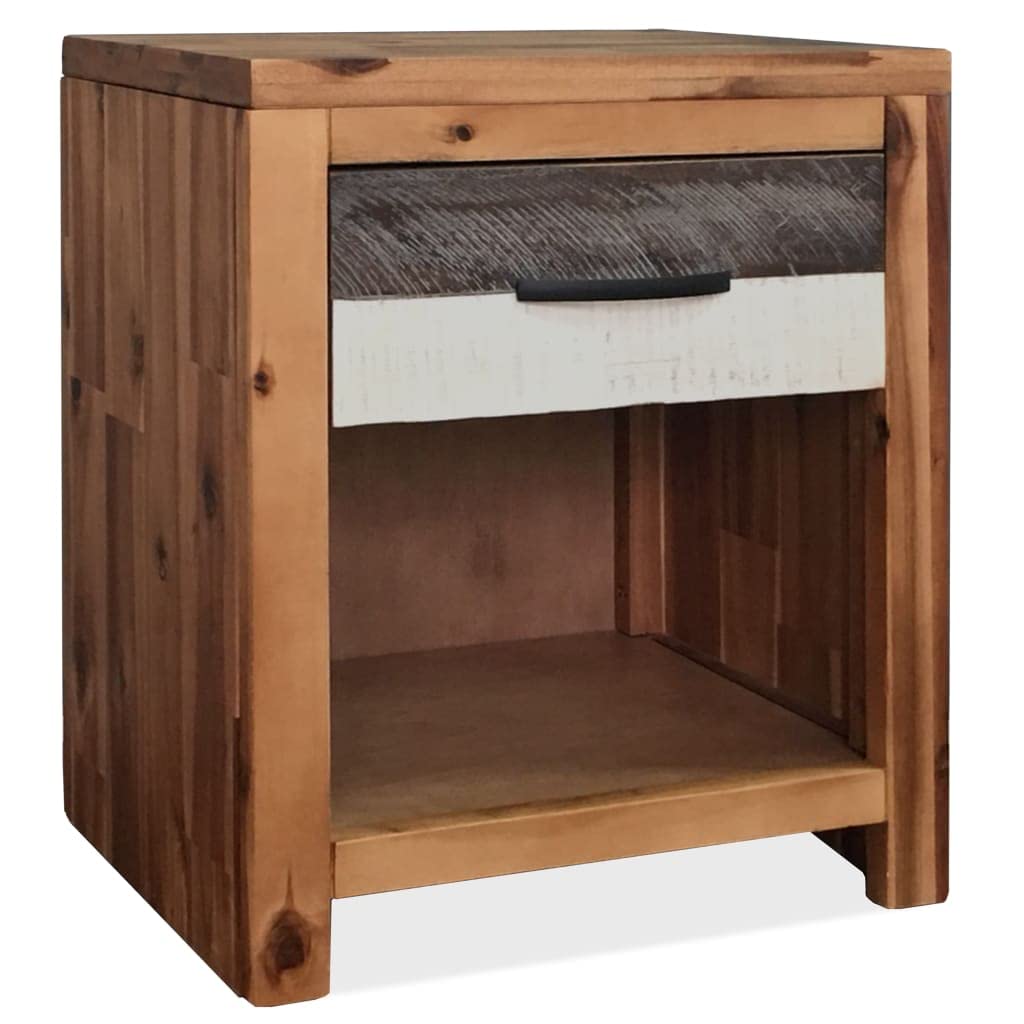 vidaXL Bedside Table-Nightstand in Solid Acacia Wood with Contrasting Drawer Front, Includes Shelf and Drawer-Size 15.7&quot;x11.8&quot;x18.9&quot;