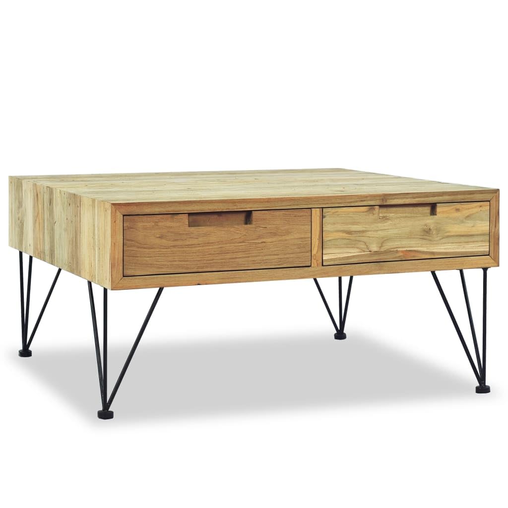 vidaXL Solid Teak Wood Coffee Table - Durable, Rustic-Style, Colonial-Inspired, with Two Storage Drawers and Wrought Iron Legs, Brown, Square