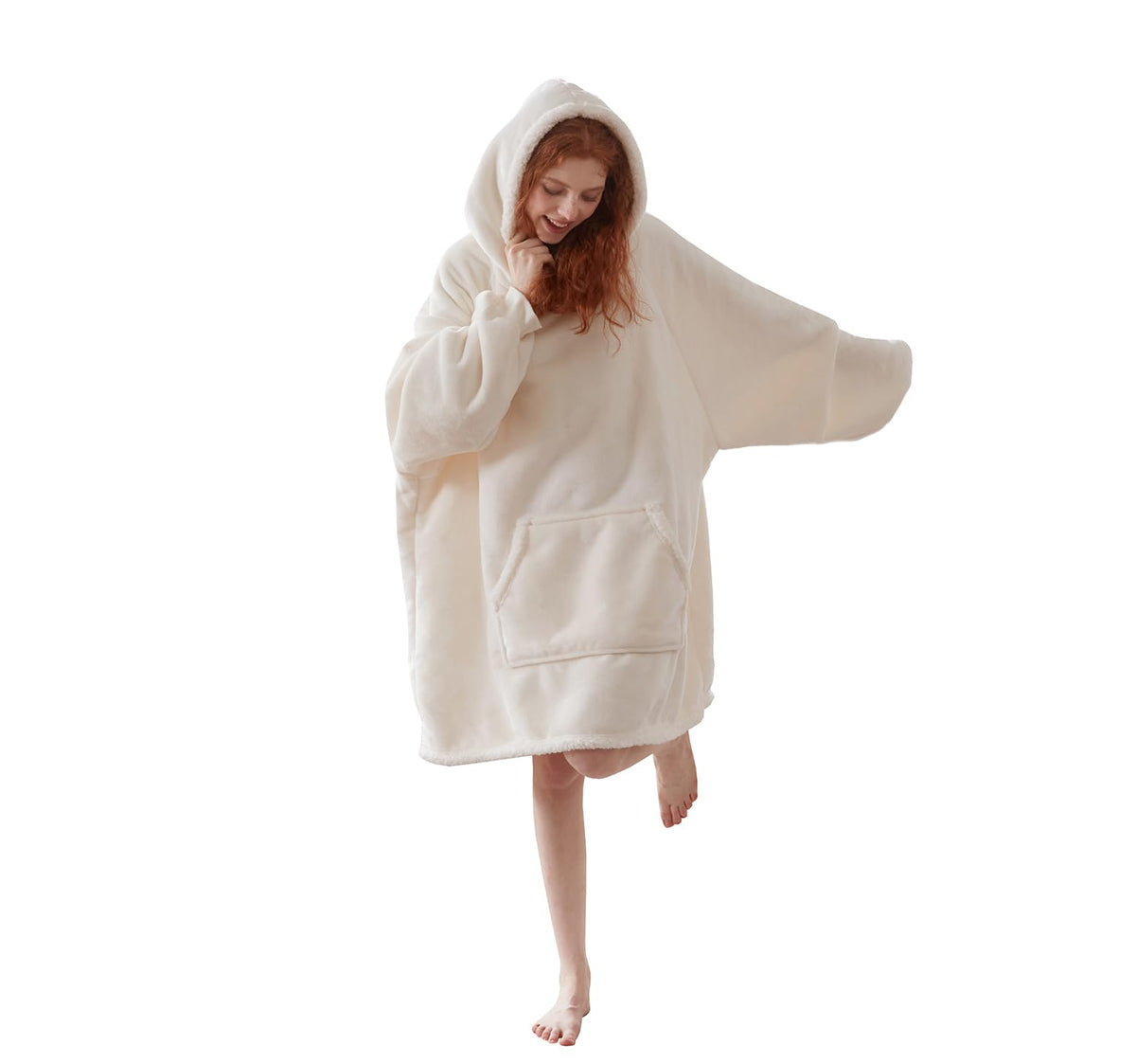 Coova Wearable Blanket Hoodie, Oversized Flannel&Sherpa Hooded For Women And Men, Cozy Sweatshirt With Giant Pocket, Ivory White