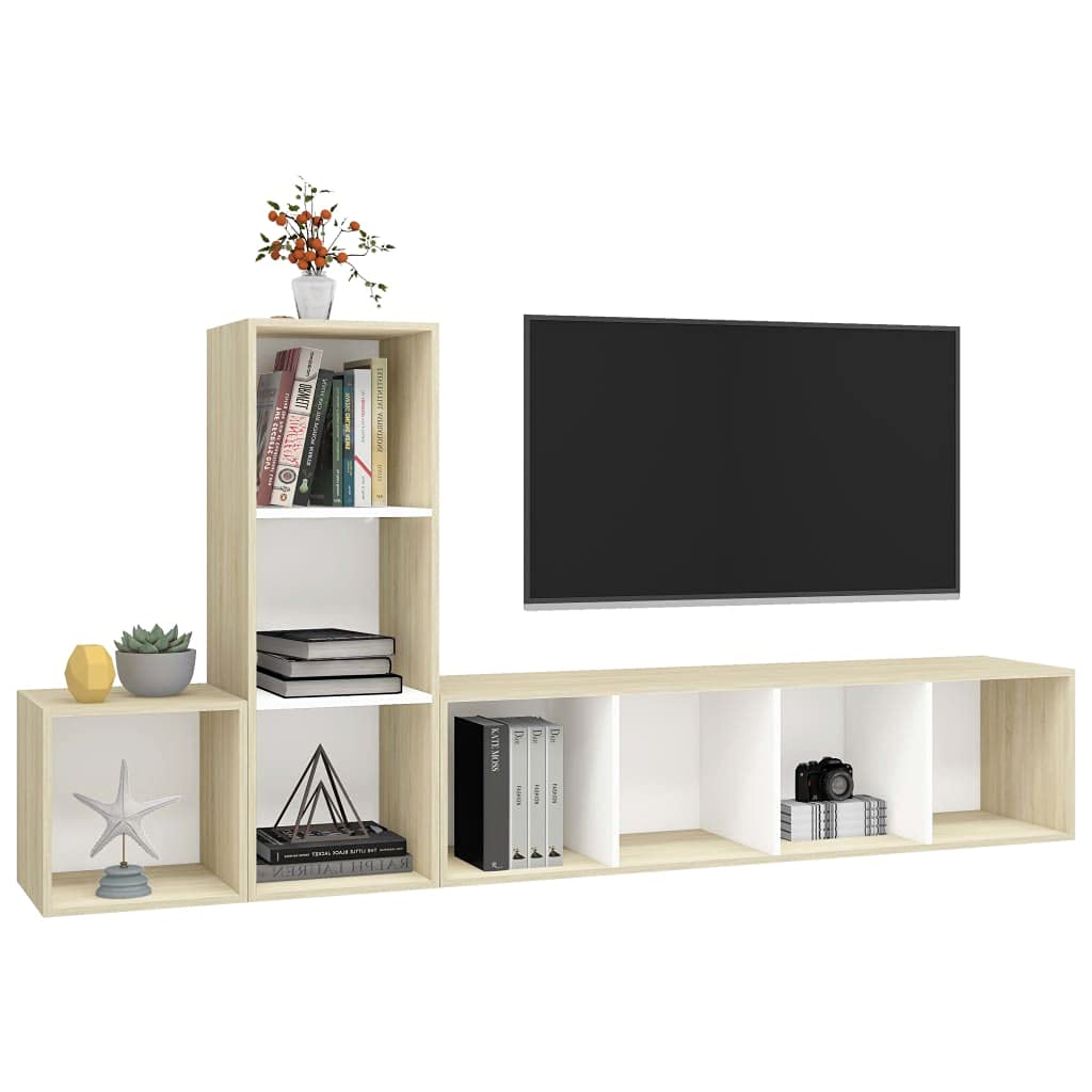 vidaXL TV Stand Set 3 Piece, TV Unit for Living Room, Sideboard with Storage, Media Unit Entertainment Center, Modern, White and Oak Engineered Wood