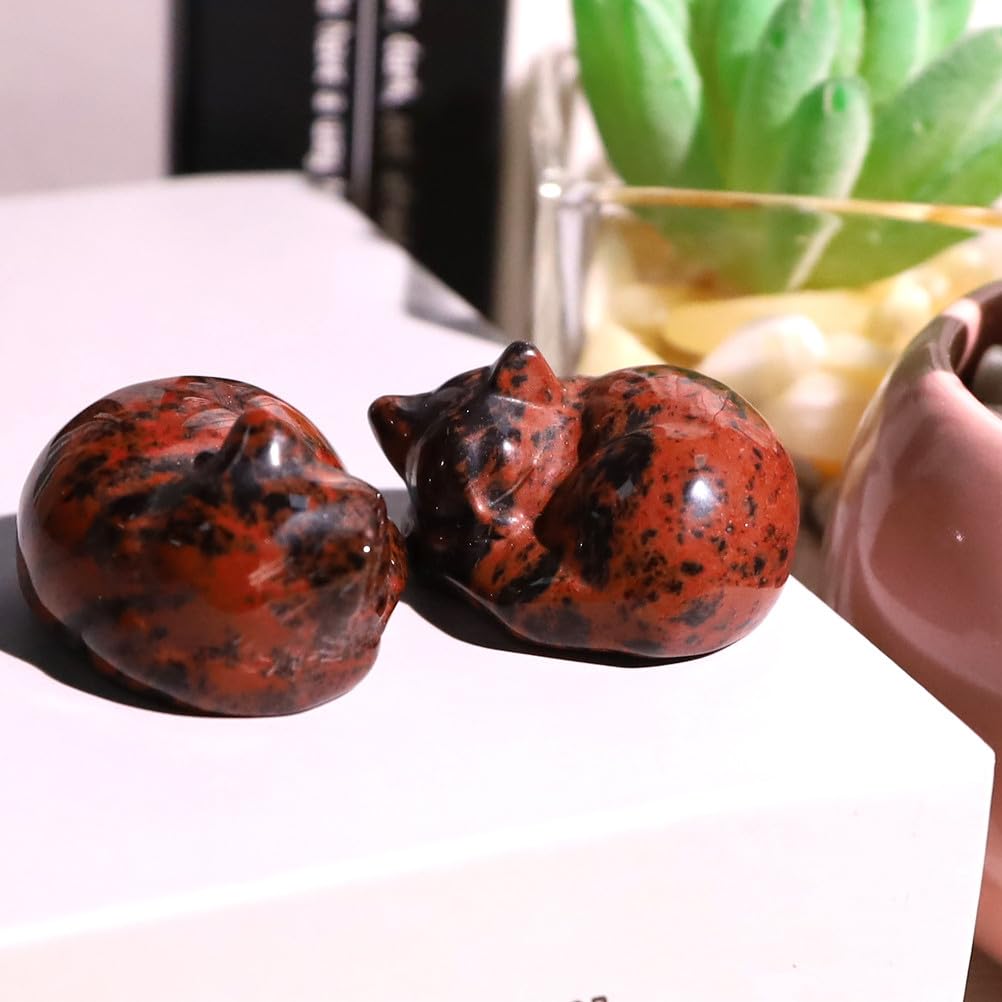 Qinjiejie Red Obsidian Cat Crystals Decor Sleeping Cat Statue Healing Stone Decors Gift Pocket Polished Gemstones Figurine Offic