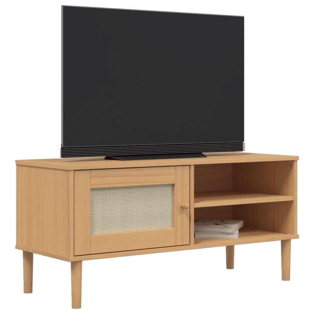 vidaXL SENJA Brown TV Stand/Cabinet in Solid Pine Wood with UV Varnish - Features Rattan Look, Ample Storage Space and Decorative Display top