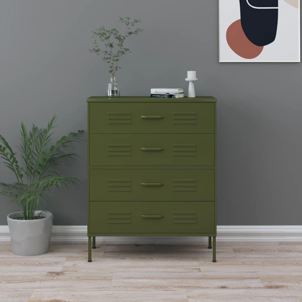 vidaXL Practical Design Chest of Drawers - Olive Green - Durable Steel Construction - Adjustable Height - 31.5&quot;x13.8&quot;x40&quot; with Extendable Drawers