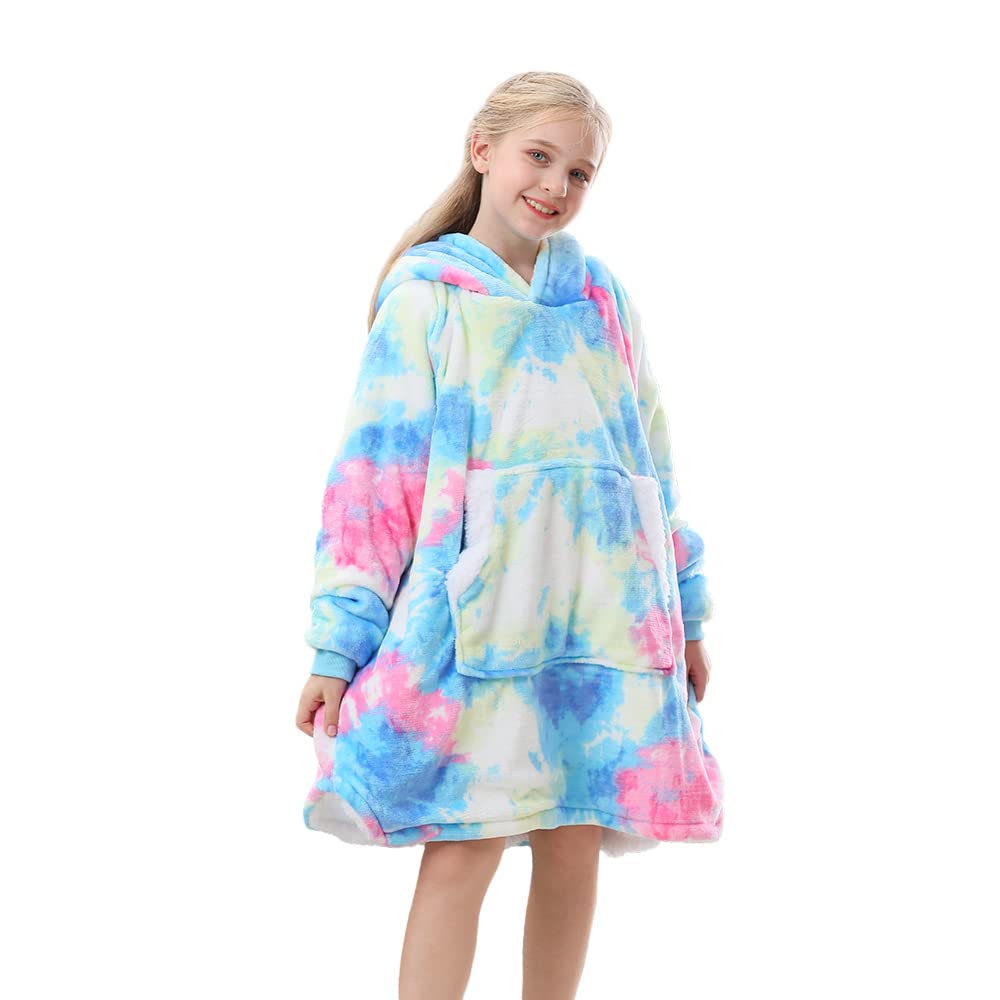 Topblan Blanket Hoodie For Kids Girls Boys Teens, Oversized Flannel & Sherpa Blanket With Hood Pocket And Sleeves, Cozy Warm Hoo
