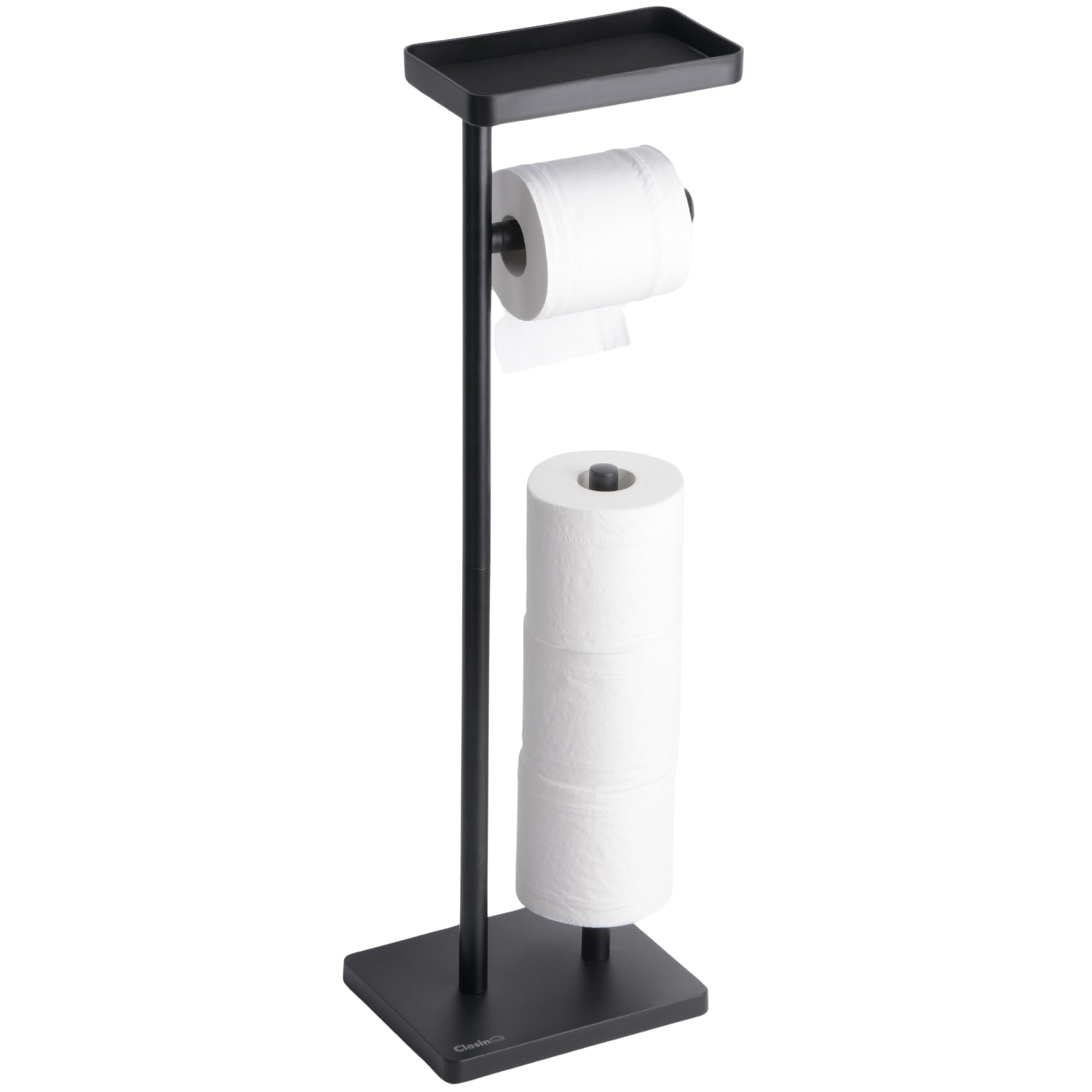 Clasin Home Toilet Paper Holder Stand, Free Standing Toilet Paper Holder with Storage and Metal Top Shelf, Black Toilet Paper St