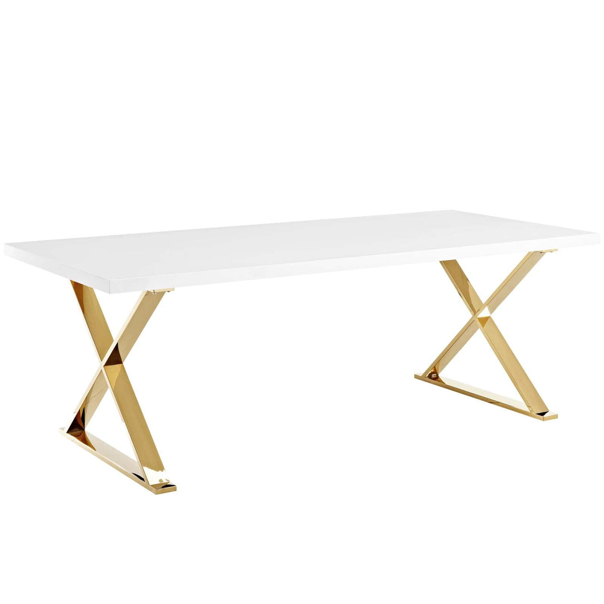 Modway Sector 87&quot; Modern Dining Table with Gold Stainless Steel Metal X-Base in White Gold