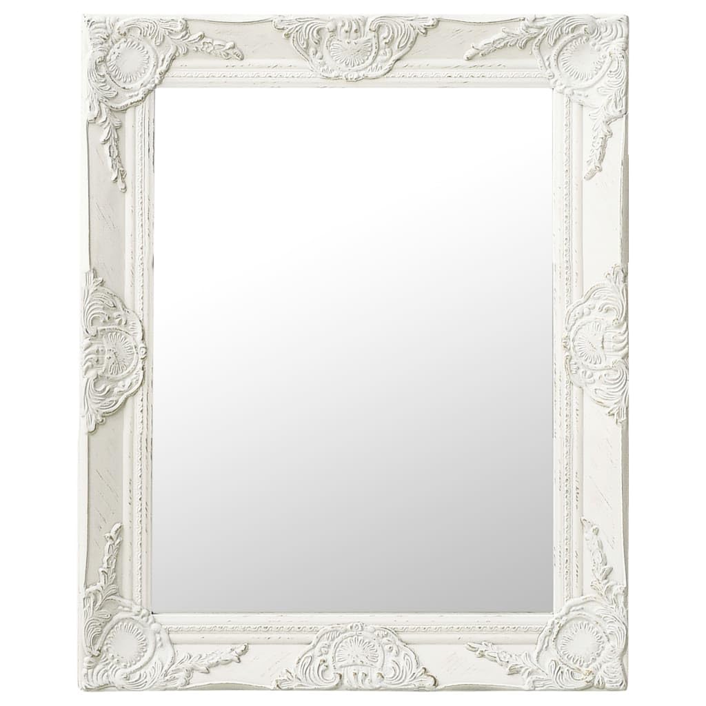 vidaXL White Wall-Mounted Mirror with Decorative Baroque Style Frame, Wood-Glass Construction, Rectangular Shape - Ideal for Bathroom, Dressing Room, Hallway.