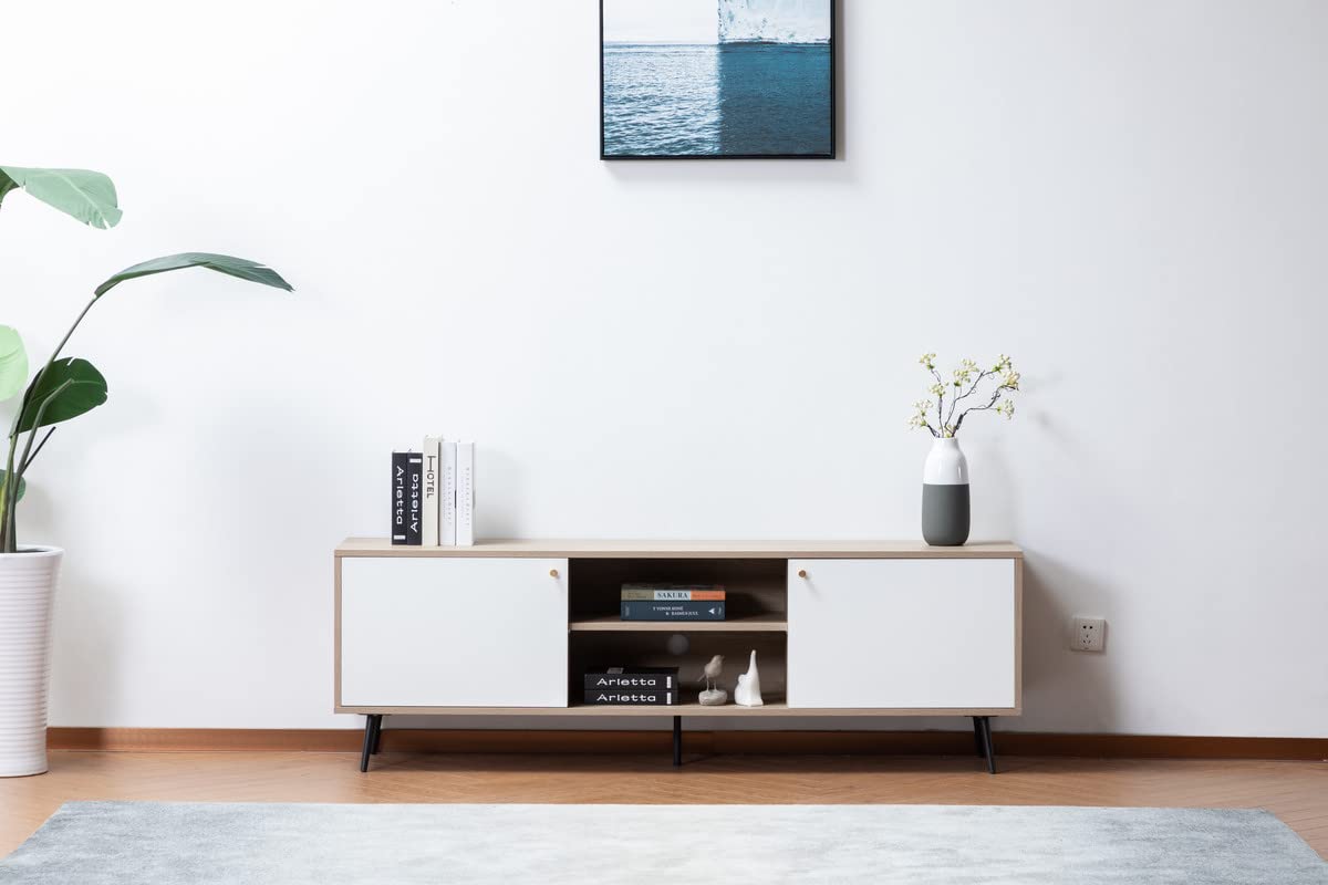 Aurora 69&Quot; Light Brown Wood Finish Tv Stand With 2 White Cabinets And Modular Shelves
