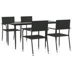 vidaXL 5 Piece Patio Dining Set Black Poly Rattan and Steel - Modern Garden Outdoor Lounge Furniture with Tempered Glass Tabletop and Stackable Chairs