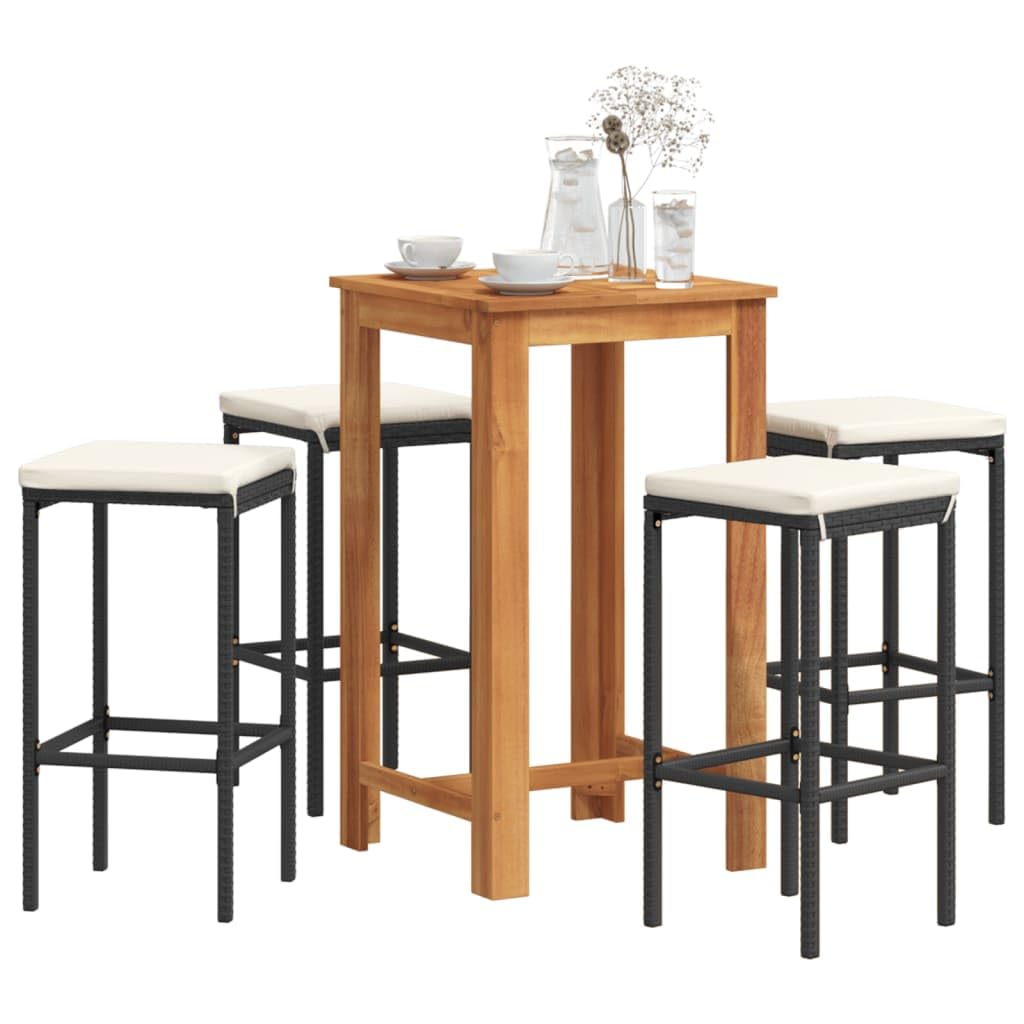 vidaXL 5-Piece Patio Bar Set with Black Poly Rattan Stools, Solid Acacia Wood Table, Cushions - Outdoor Furniture