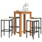 vidaXL 5-Piece Patio Bar Set with Black Poly Rattan Stools, Solid Acacia Wood Table, Cushions - Outdoor Furniture