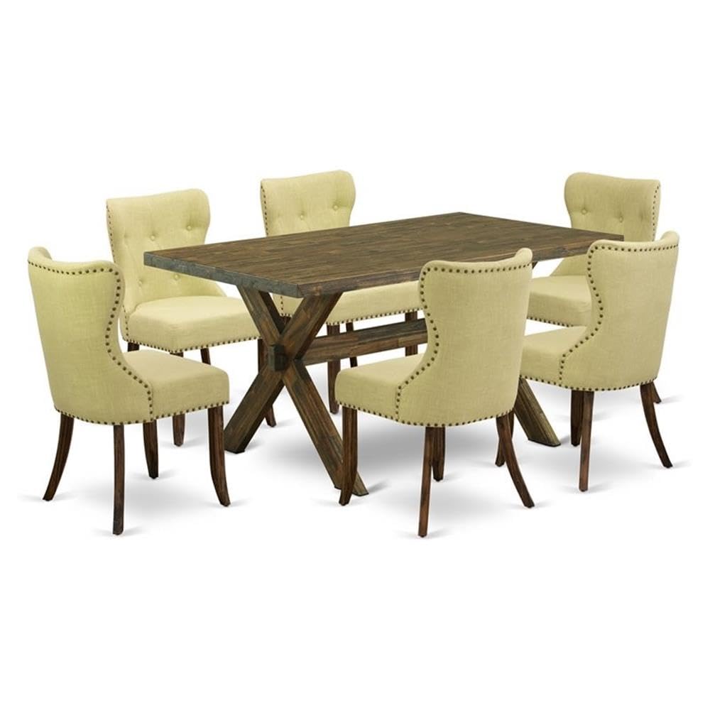 East West Furniture X776Si737-7 7 Piece Dining Set Consist Of A Rectangle Dining Room Table With X-Legs And 6 Limelight Linen Fabric Upholstered Parson Chairs, 36X60 Inch, Multi-Color