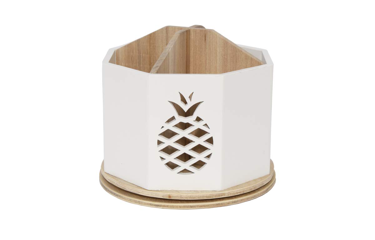 Spinning Desktop Stationary Organizer - Decorative Wooden Rotating Pen And Pencil Cup - 4 Compartment White Desk And Table Top O
