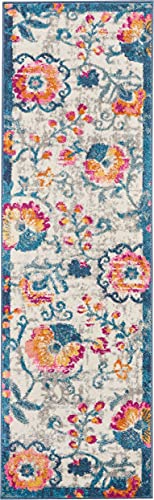 HomeRoots 100% Polypropylene 2’ x 6’ Ivory and Blue Floral Vines Runner Rug