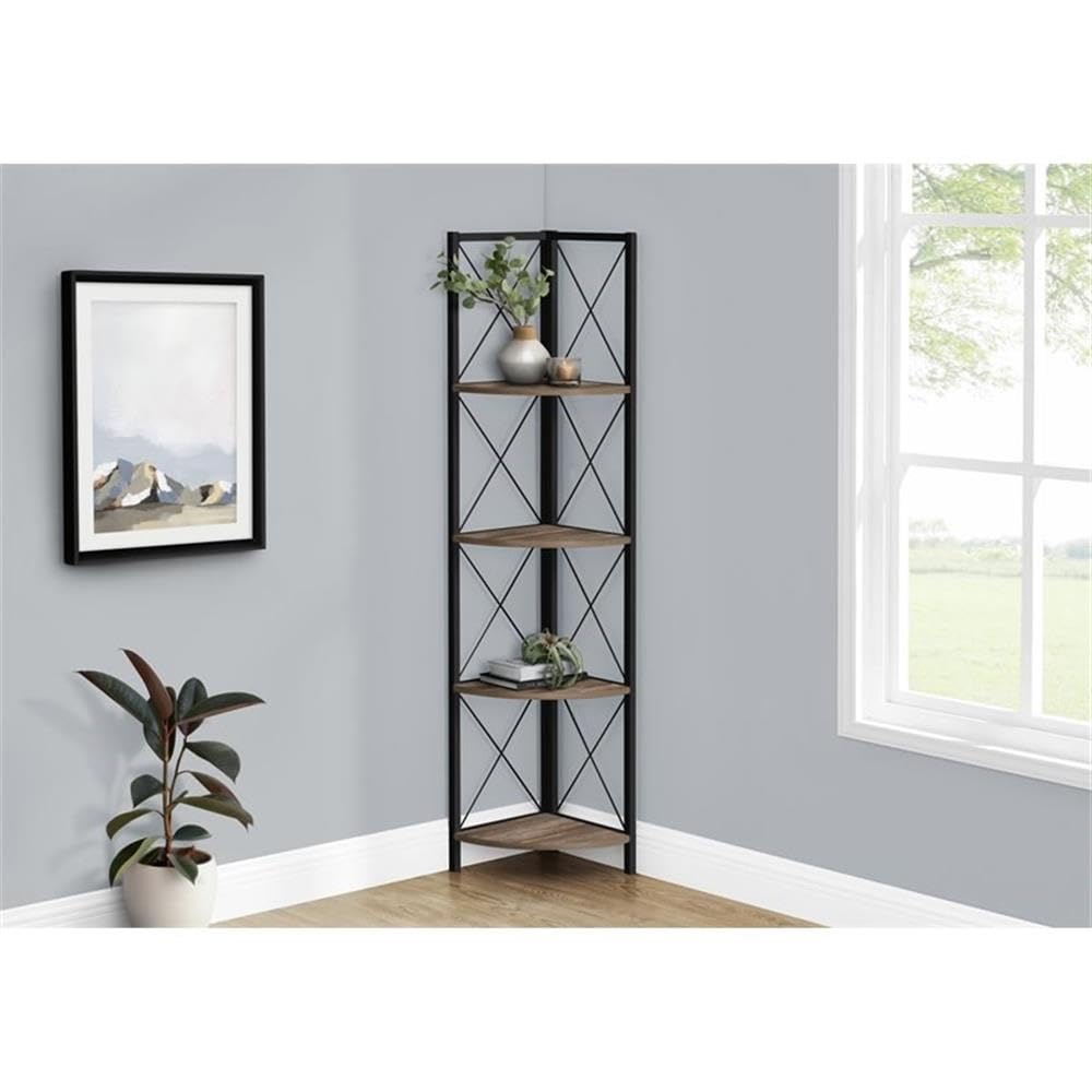 Monarch Specialties I 3646 Bookshelf, Bookcase, Etagere, Corner, 4 Tier, 60&quot; H, Office, Bedroom, Metal, Laminate, Brown, Black, Contemporary, Modern