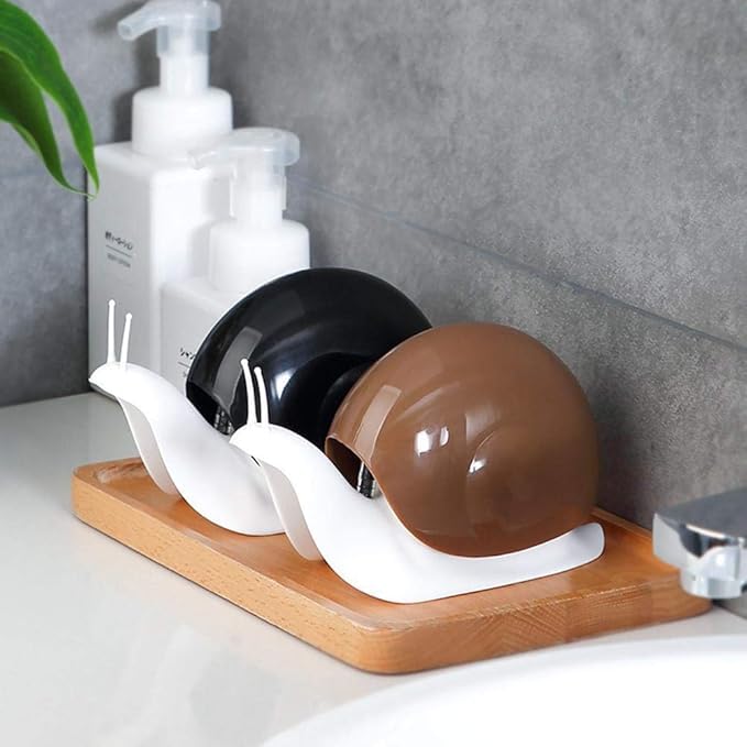 ELEGANT EMPORIUM ecorative Snail Soap Dispenser Holder with Wooden Base, Bathroom Counter Organiser, White and Brown (Pack of 1)