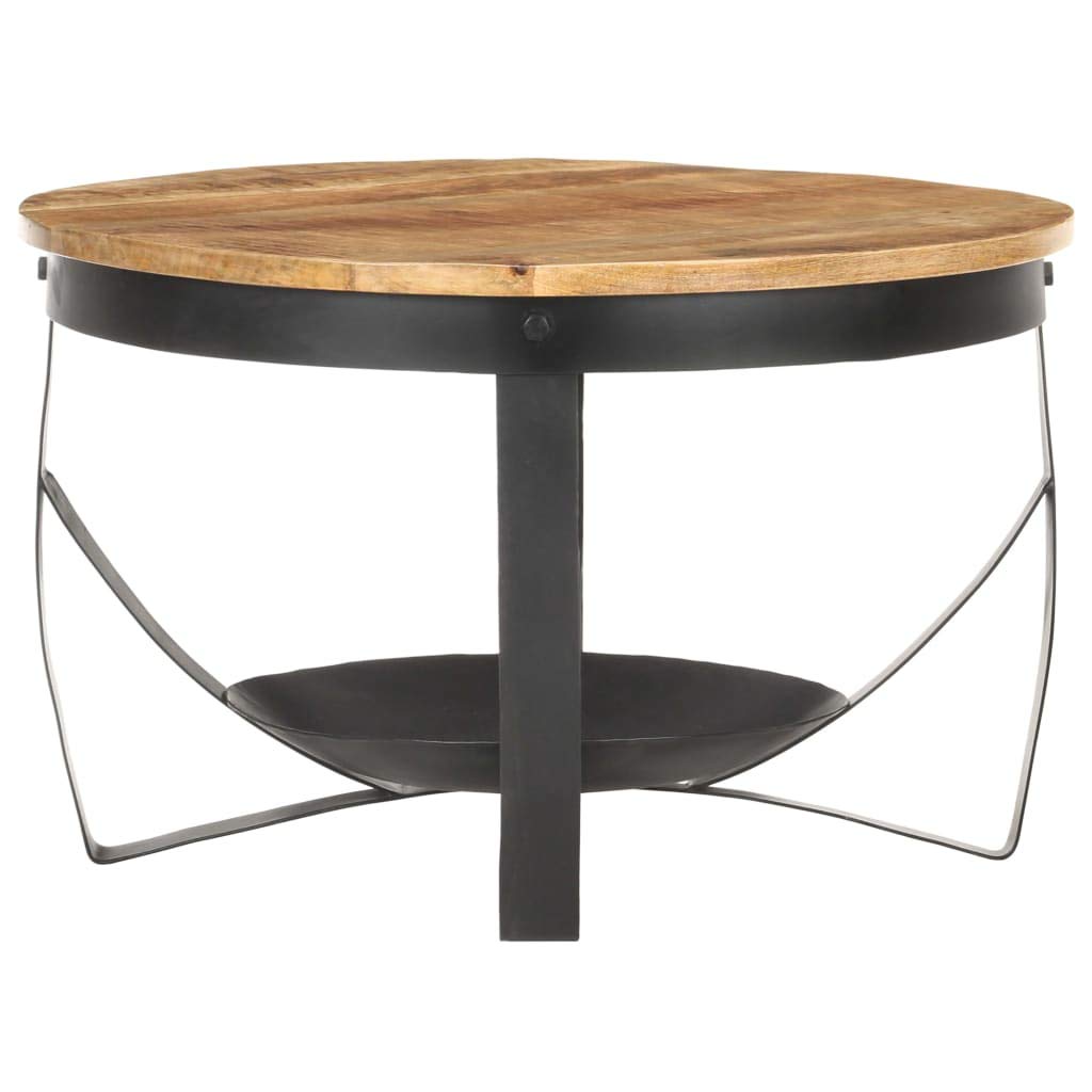 vidaXL Rough Mango Wood Coffee Table - Industrial-Style Round Side Table with Black Iron Base, Handmade for Living Room and Lounge