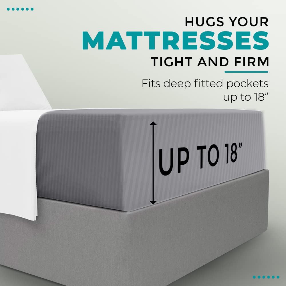 Feather & Stitch 100% Cotton 1 Piece Damask Stripe Full Fitted Sheet 500 Thread Count Grey 18 Inch Extra Deep Pocket Luxury Sateen Weave Stretchable Boxer Elastic Fits Mattress Perfectly