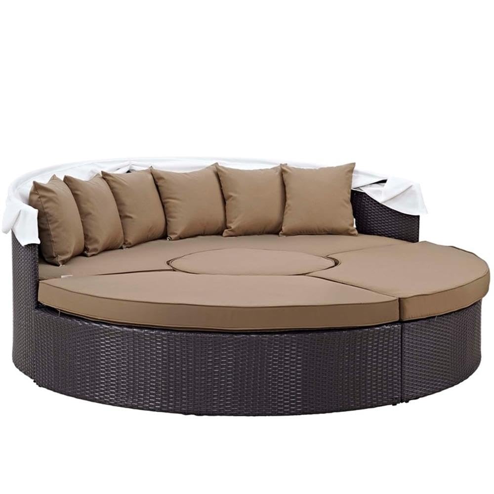 Modway Convene Wicker Rattan Outdoor Patio Retractable Canopy Round Poolside Sectional Sofa Daybed With Cushions In Espresso Mocha