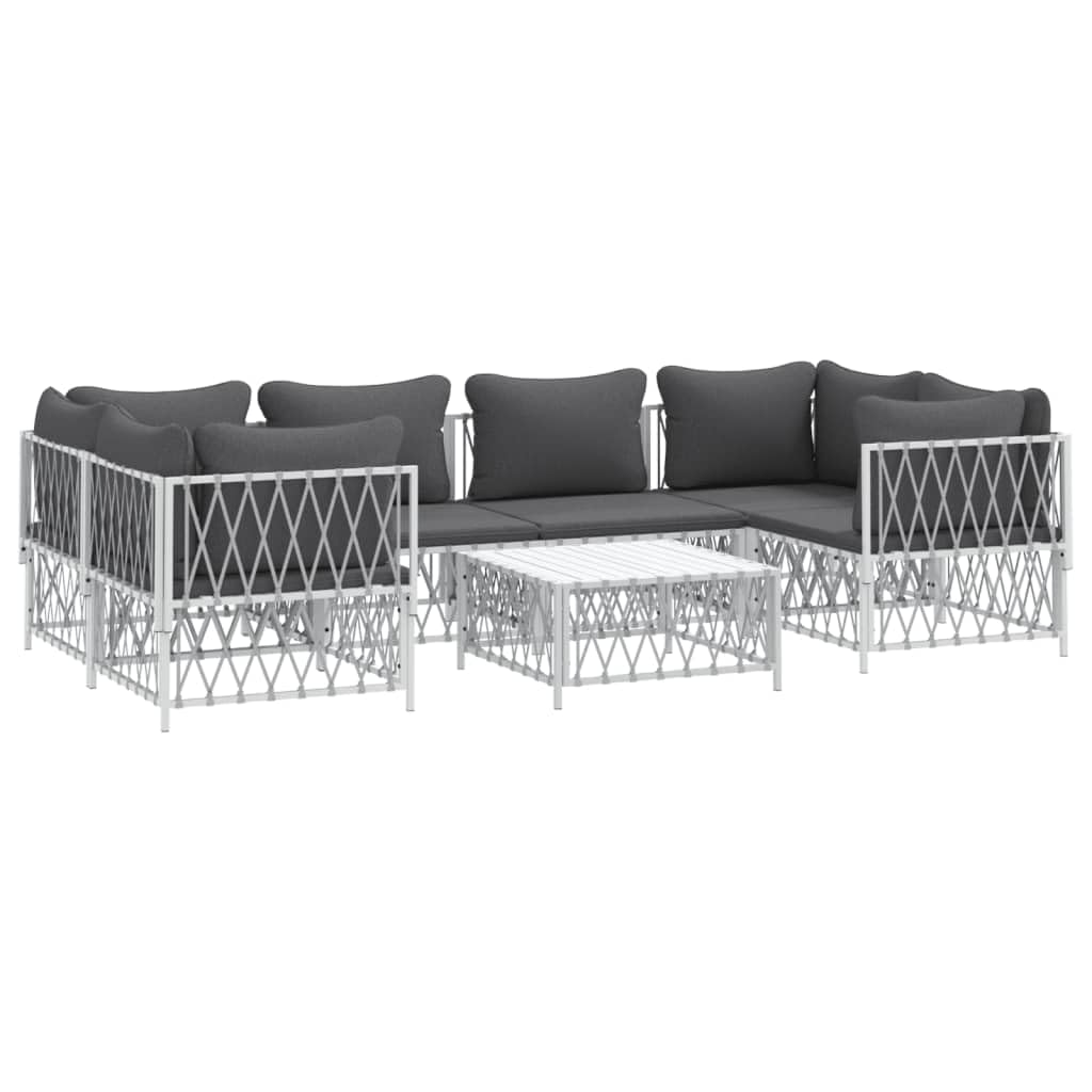 vidaXL 7 Piece Outdoor Patio Lounge Set with Cushions - Durable White Steel Structure, Modular Design, Comfortable Seating Experience, Ideal for Garden & Patio Use