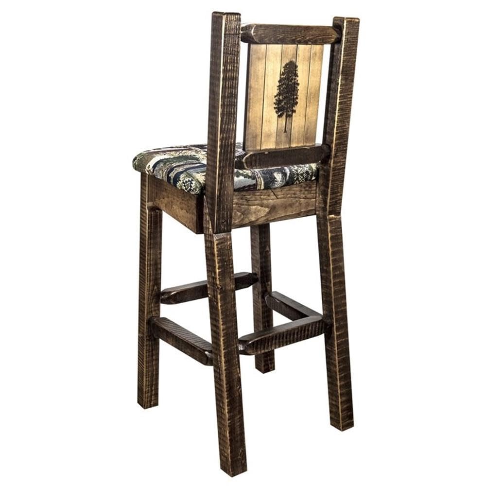 Montana Woodworks Homestead Collection Counter Height Barstool with Upholstered Seat, Woodland Pattern, Laser Engraved Pine Tree Design, Stained & Lacquered