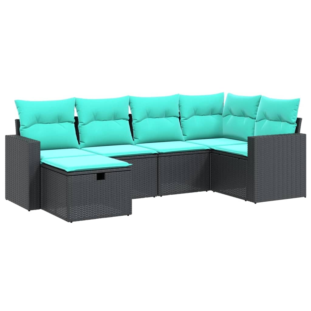 vidaXL Patio Sofa Set - 6 Piece Black PE Rattan, Blue Cushions - Outdoor Furniture for Garden, Backyard, Deck