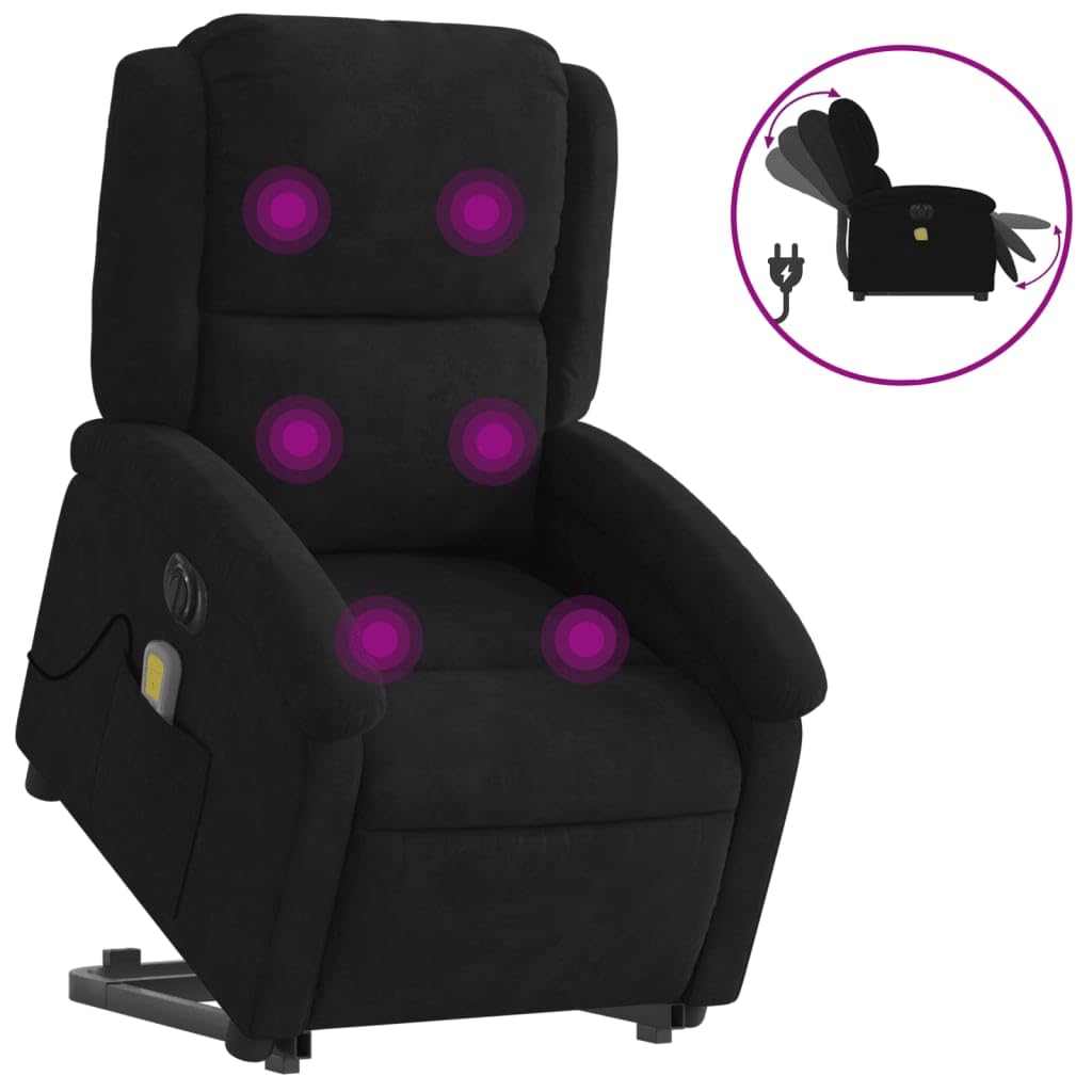 vidaXL Black Velvet Electric Power Lift Recliner Chair with Massage - Motorized Adjustable Back & Footrest, Remote Control, Side