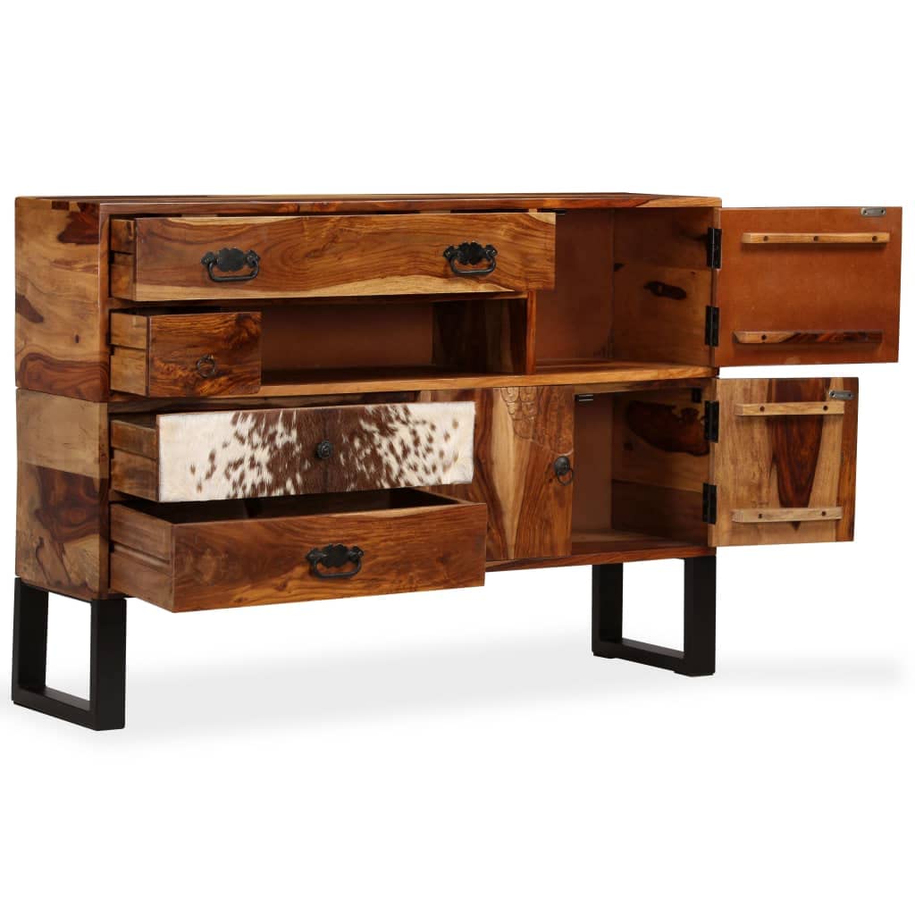 vidaXL Solid Sheesham Wood Sideboard with Genuine Cowhide Detailing, Hand-Carved Decor, Retro-Style Pulls, and Steel Feet - Ideal for Rustic and Industrial Home Decor