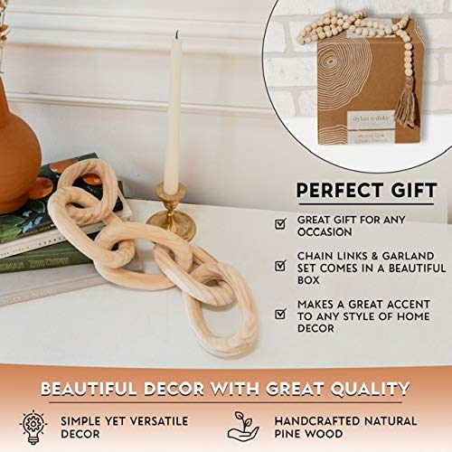 Decorative Wood Chain Link And Bead Garland Set | Hand Carved Pine Wood Chain Decor | Modern Farmhouse Decor Set | Aesthetic Roo