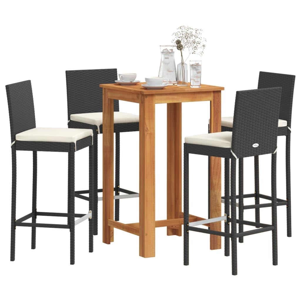 vidaXL 5-Piece Outdoor Patio Bar Set - Black PE Rattan Stools & Solid Acacia Wood Table with Cream White Cushions