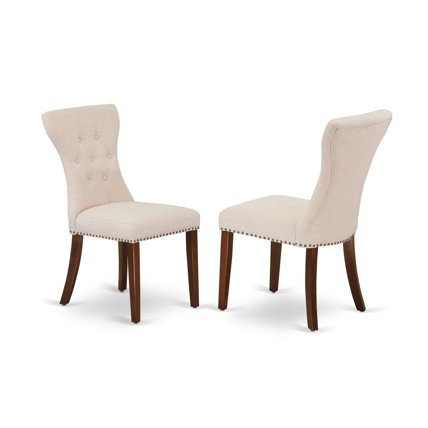 East West Furniture Dlga3-Mah-32 3 Piece Modern Dining Table Set Contains A Round Wooden Table With Dropleaf And 2 Light Beige Linen Fabric Parsons Dining Chairs, 42X42 Inch, Mahogany
