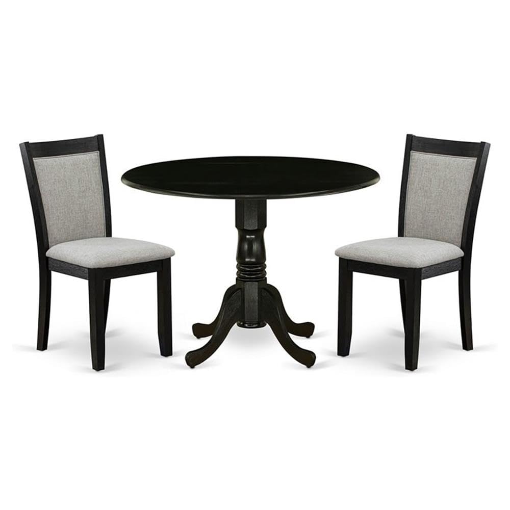 East West Furniture DLMZ3-AB6-06 3 Piece Modern Dining Table Set Contains a Round Wooden Table with Dropleaf and 2 Shitake Linen Fabric Parsons Dining Chairs, 42x42 Inch, Wirebrushed Black