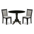 East West Furniture DLMZ3-AB6-06 3 Piece Modern Dining Table Set Contains a Round Wooden Table with Dropleaf and 2 Shitake Linen Fabric Parsons Dining Chairs, 42x42 Inch, Wirebrushed Black