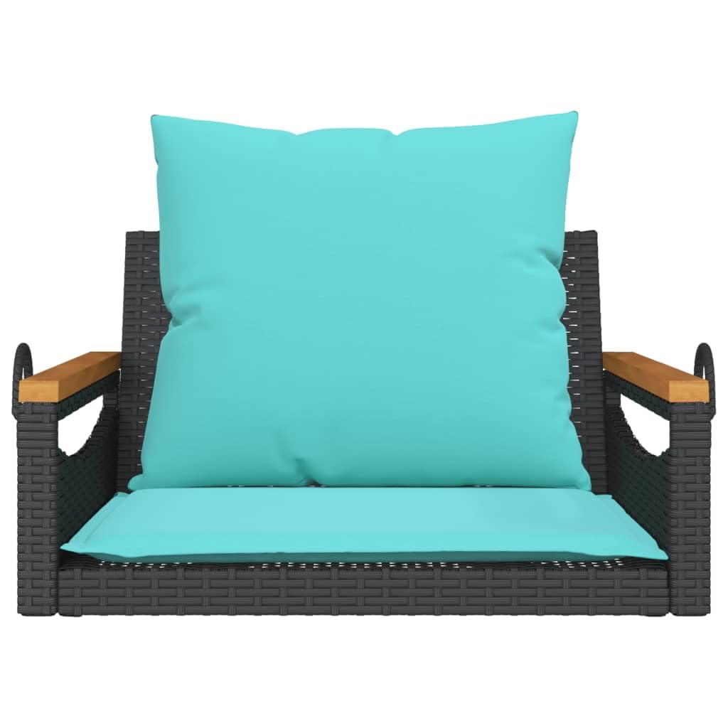 vidaXL Black Poly Rattan Swing Bench w/Blue Cushions - Outdoor/Garden Hammock Chair - 24.8"x24.4"x14.6" - PE Rattan, Steel & Acacia Wood