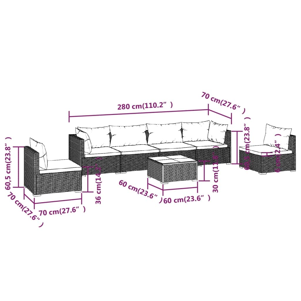 vidaXL Poly Rattan Black Patio Lounge Set with Water-Blue Cushions - 7 Piece Outdoor Garden Sofa Set with Tempered Glass Coffee Table and Modular Design