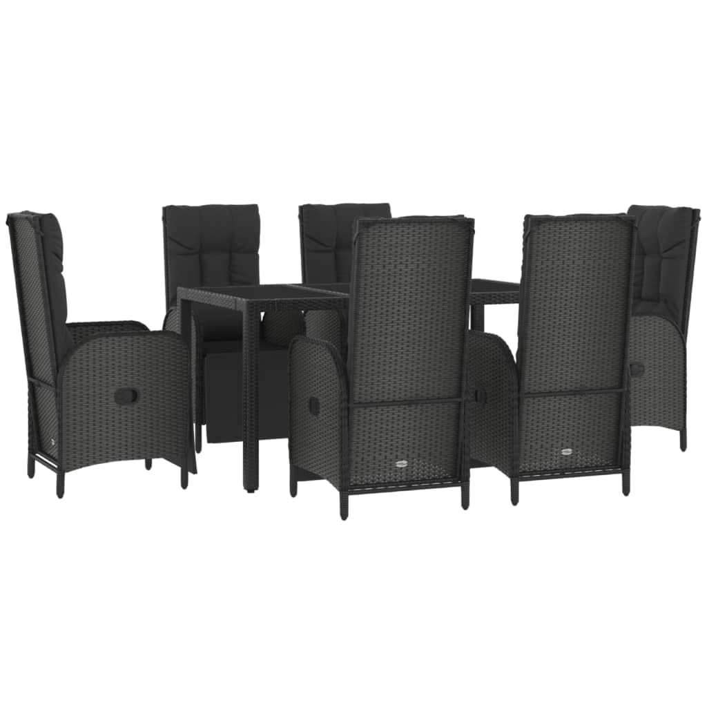 vidaXL Black Poly Rattan Patio Dining Set - 7 Piece with Sturdy Steel Frame, Reclining Garden Chairs, Acacia Wood Tabletop, and 
