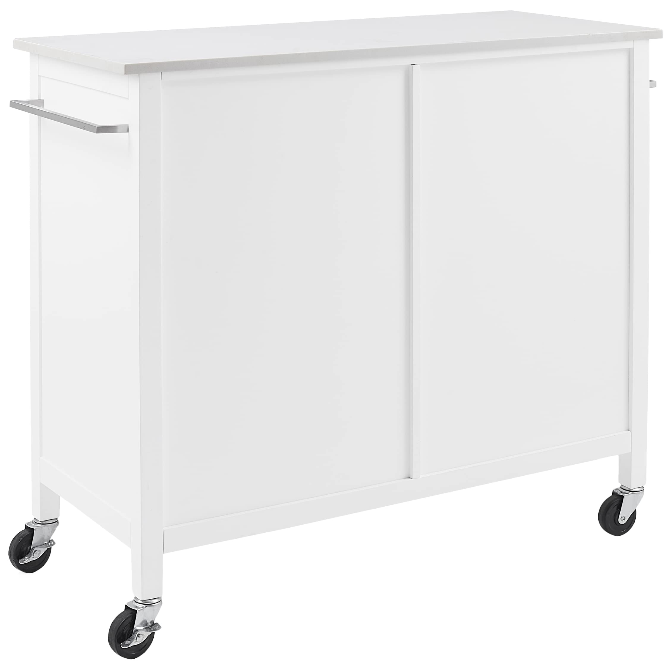 Crosley Furniture Soren Stone Top Rolling Kitchen Island Car, Microwave Stand, Coffee Bar, With Shelves, White