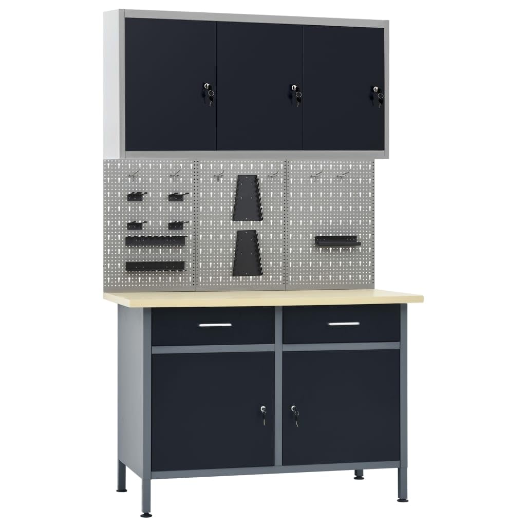 vidaXL Workbench with Cabinet, 3 Wall Panels - Engineered Wood and Steel Workshop Station with Adjustable Shelves, Tool Storage