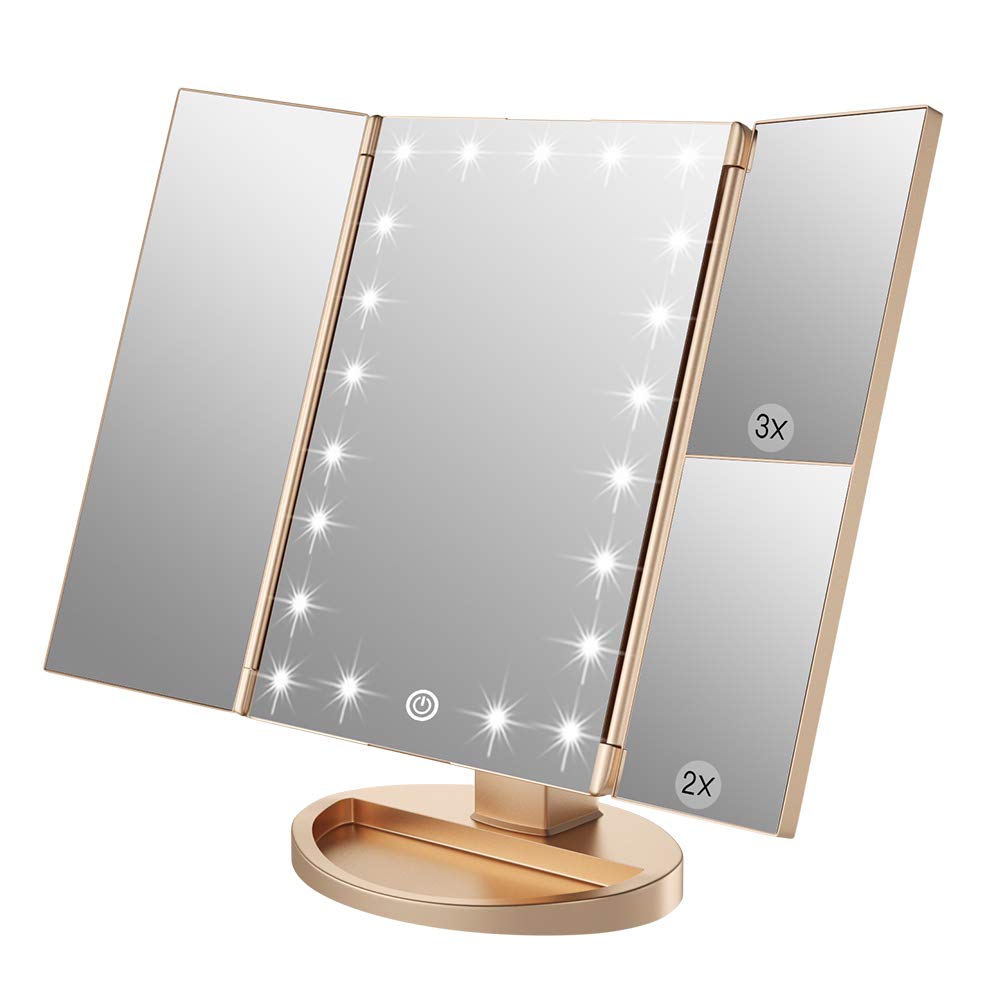 WEILY Makeup Mirror with 21 LED Lights,Two Power Supply Modes, Adjustable Touch Screen and 1x/2x/3x Magnification Tri-Fold Vanit