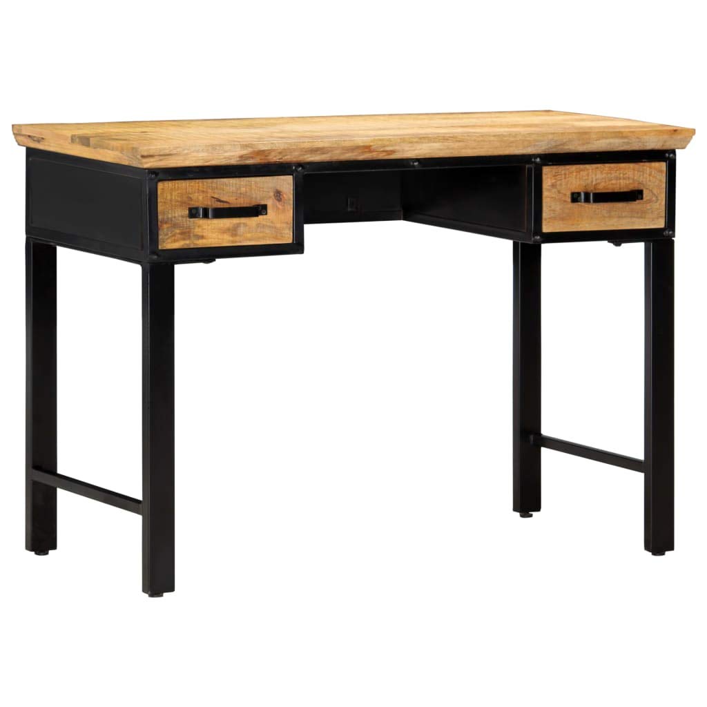 vidaXL Solid Mango Wood Rectangular Writing Table with 2 Drawers, Brown Industrial-Style Computer Desk for Home or Office Use