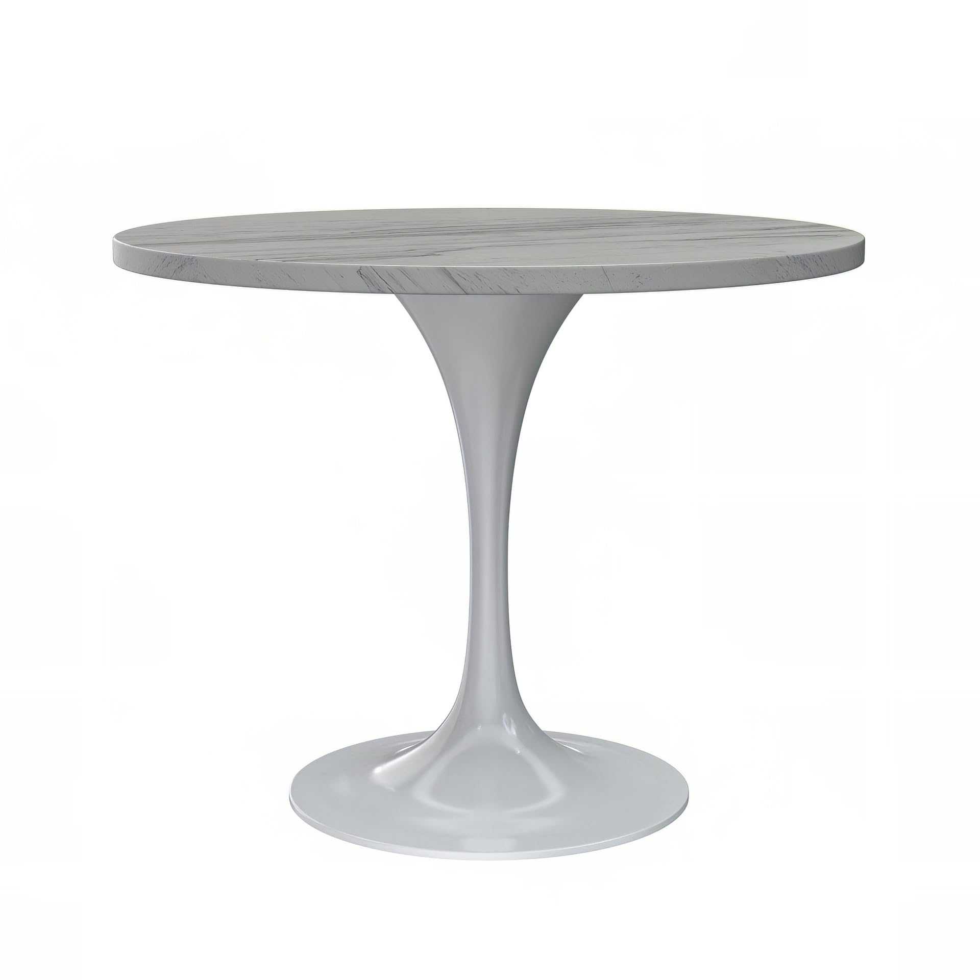 36 Round Dining Table, White Base with Laminated White Marbleized Top
