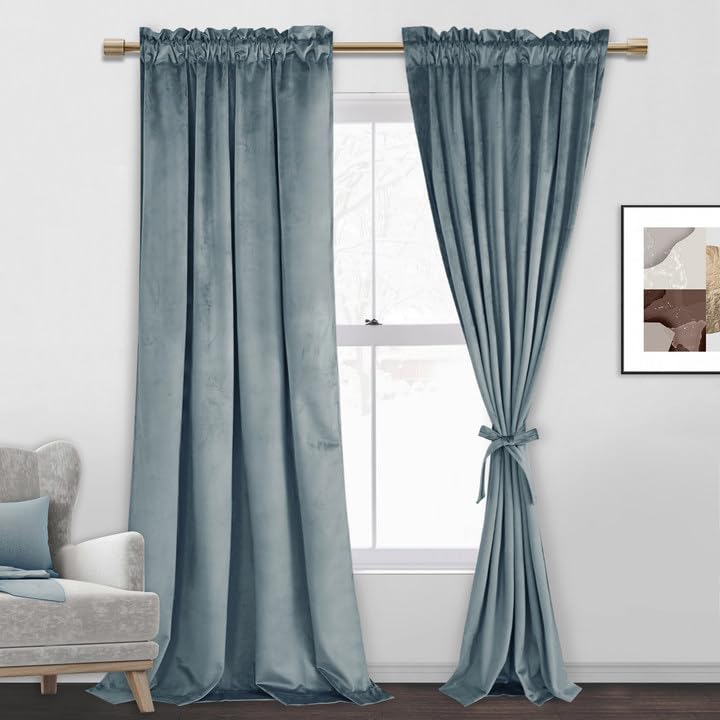 Jiuzhen Velvet Curtains 96 Inches - Stone Blue Room Darkening Privacy Protect Rod Pocket Window Curtains For Bedroom Living Room