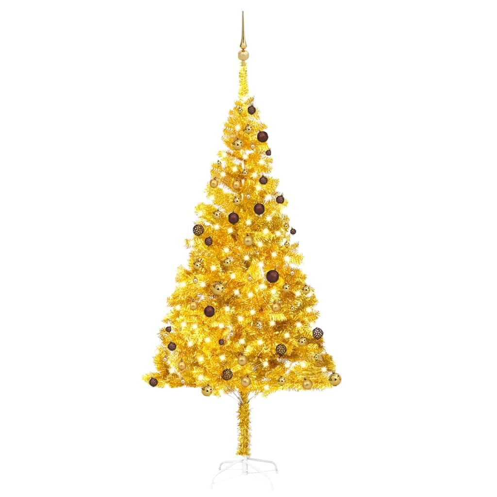 Vidaxl Artificial Christmas Tree With Led Lights & Ornament Balls Set, Shiny Gold Pet Material, 94.5&quot; Height With Sturdy Steel Stand, Ideal Xmas Decor