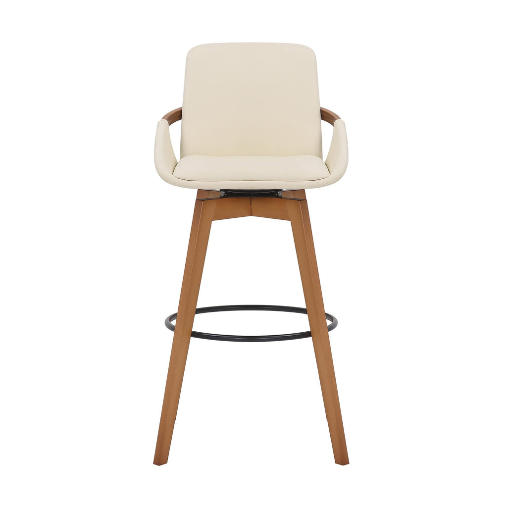 HomeRoots Metal, Wood, Faux Leather 30' Luxurious Cream Faux Leather and Walnut Swivel Bar Stool